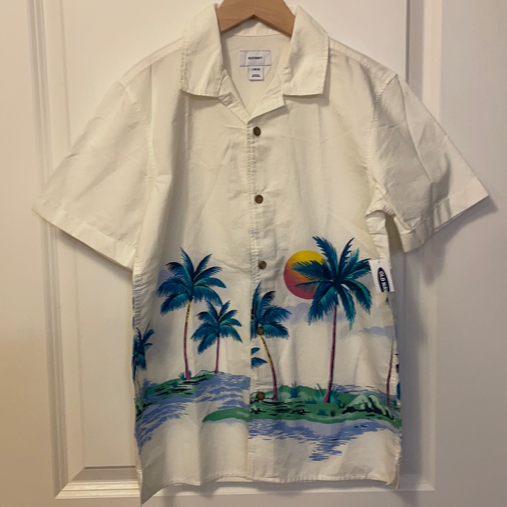 Old Navy Cream Tropical Palm Button-Down Shirt